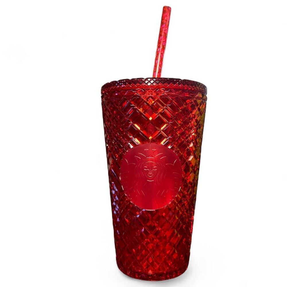 Starbucks 2021 Red Holiday Jeweled Grande 16oz Tumbler Cold Cup w/ Lid and Straw